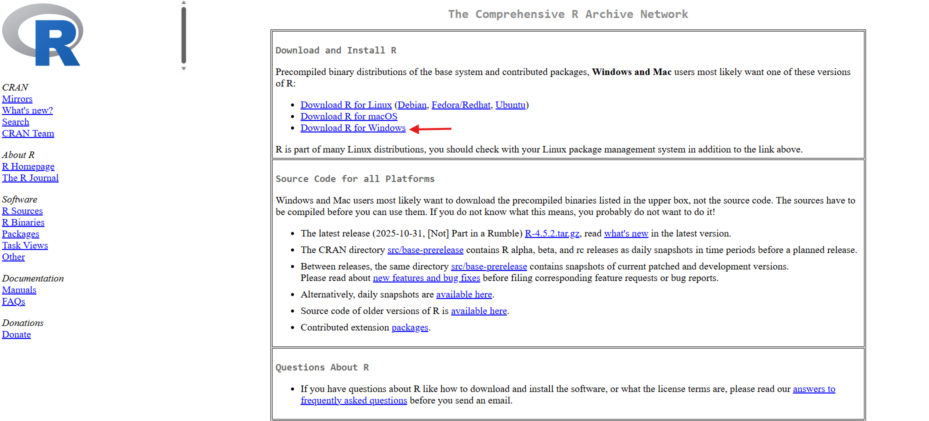 CRAN download page showing where to click